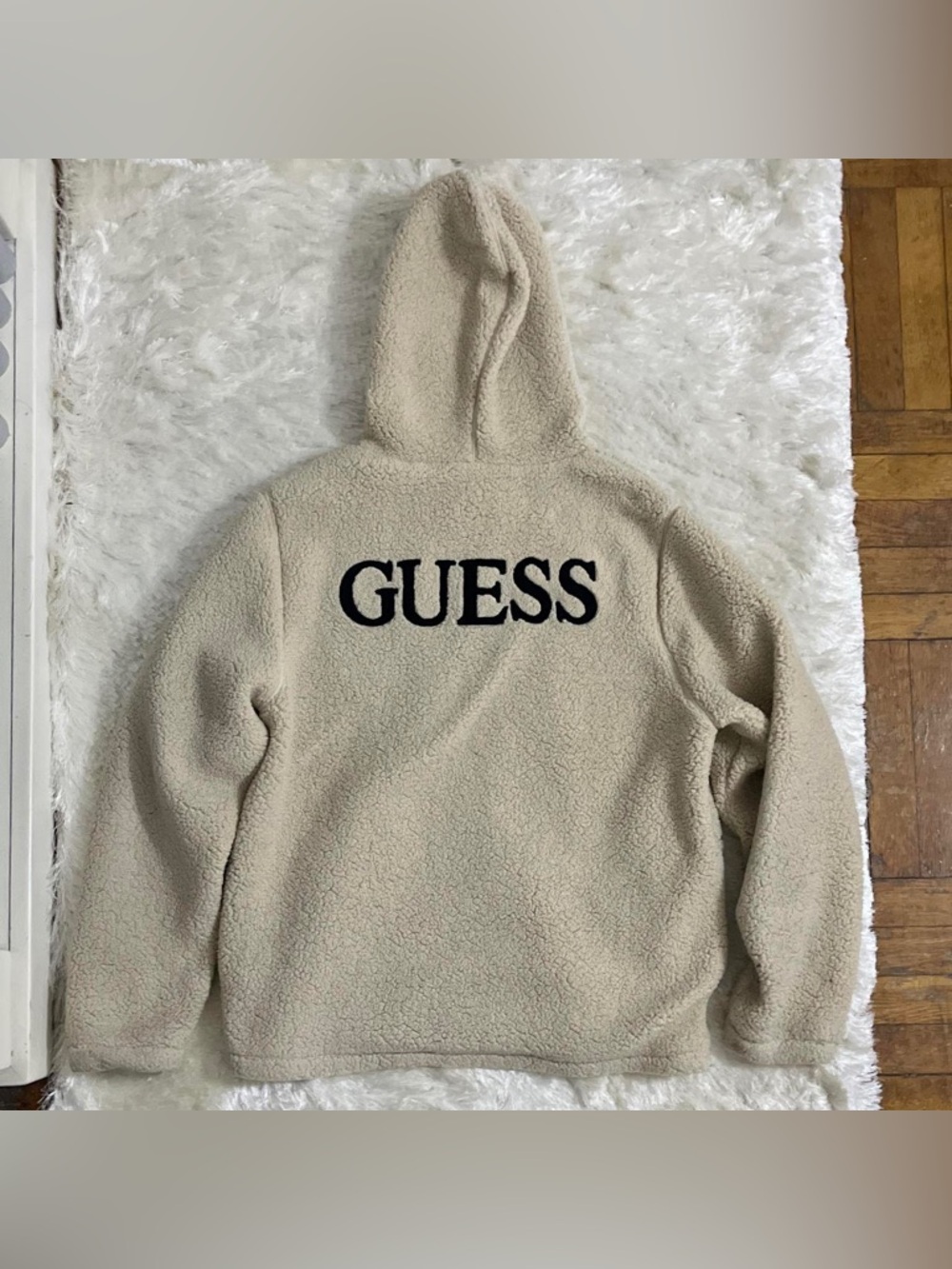 GUESS Tan Sherpa Hoodie with Black Logo